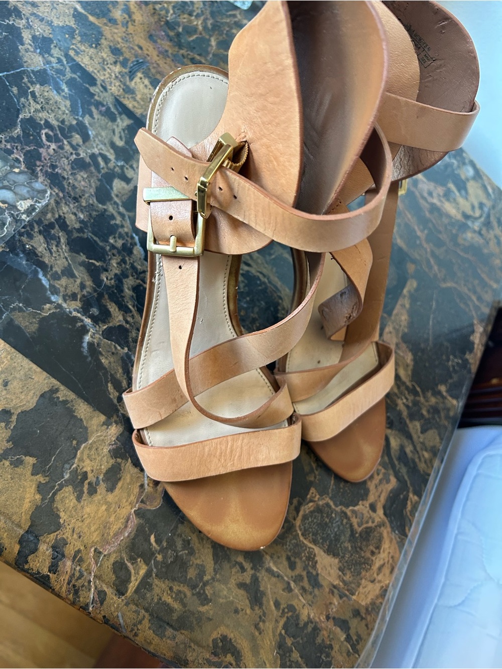 Guess Tan Leather Strappy High-Heel Sandals with Gold Buckle